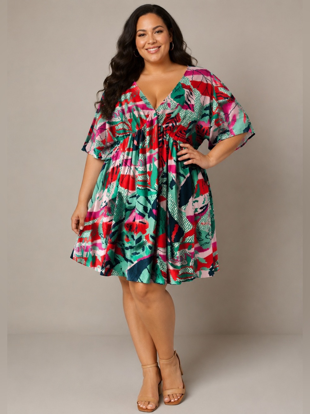 R&B Collection V-Neck Midi Dress in Red, Pink & Mint Floral